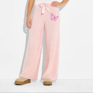 Pink Women's Wide-Leg Pants with Butterfly Detail
